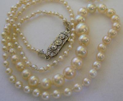 Vintage Art Deco Natural Saltwater Pearl Diamond Clasp Necklace